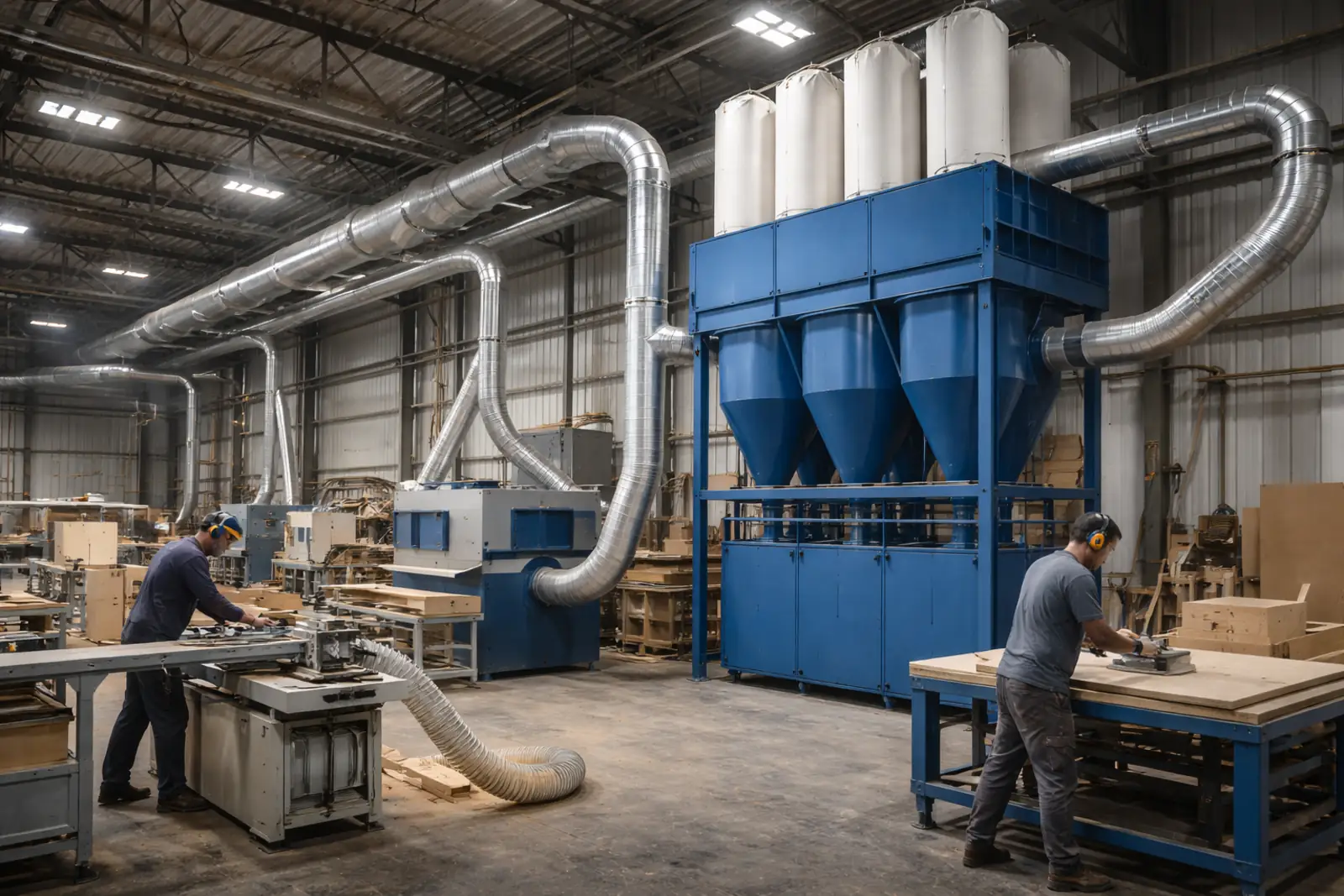 Endüstriyel tesiste merkezi toz toplama sistemi ve hava kanalları